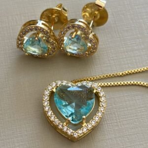 Conj.o coração zirc. crav. (pedra rubi e aqua)