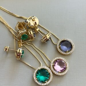 Conj.O redondo zirc. crav. (pedra rosa , roxo e aqua)