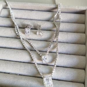 Conj. R. riviera dupla com cristal quadrado e zirc. crav. ródio